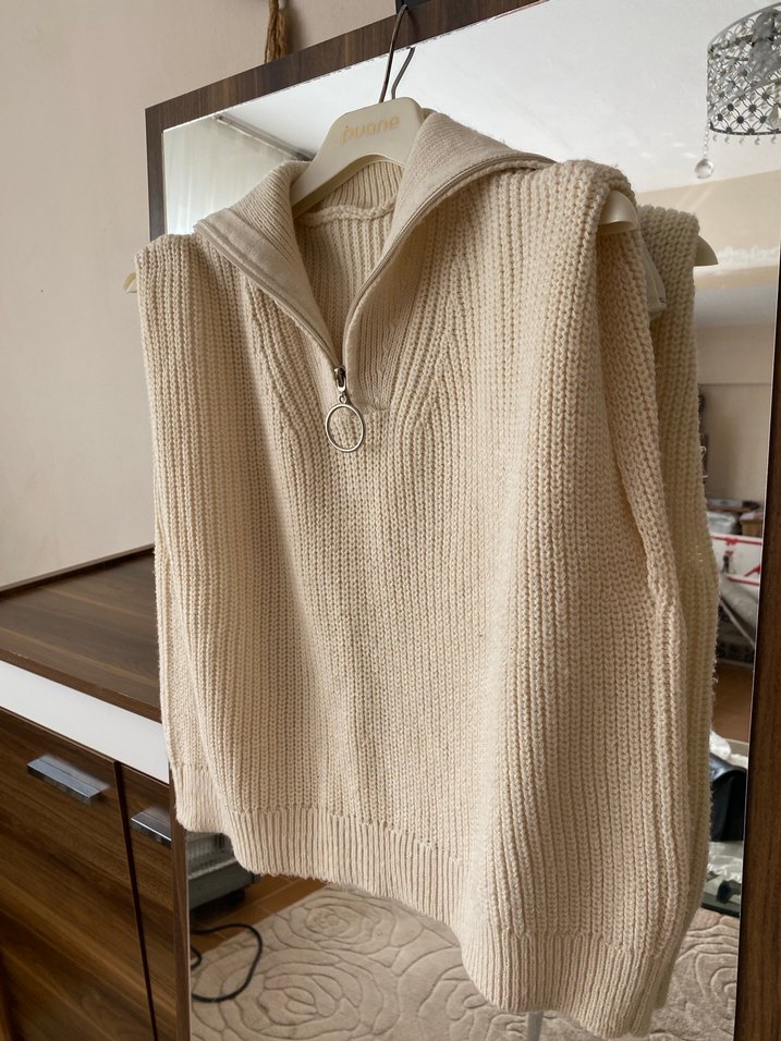 Bej Örgü Yarım Fermuarlı Yüksek Yaka Süveter - Görsel 2