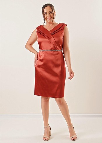 V Yaka Drapeli Kolsuz Midi Abiye Elbise - Görsel 2