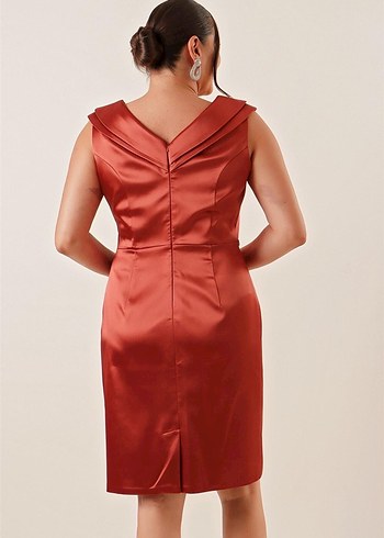 V Yaka Drapeli Kolsuz Midi Abiye Elbise - Görsel 4