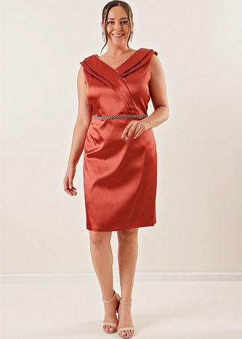 V Yaka Drapeli Kolsuz Midi Abiye Elbise - Görsel 3