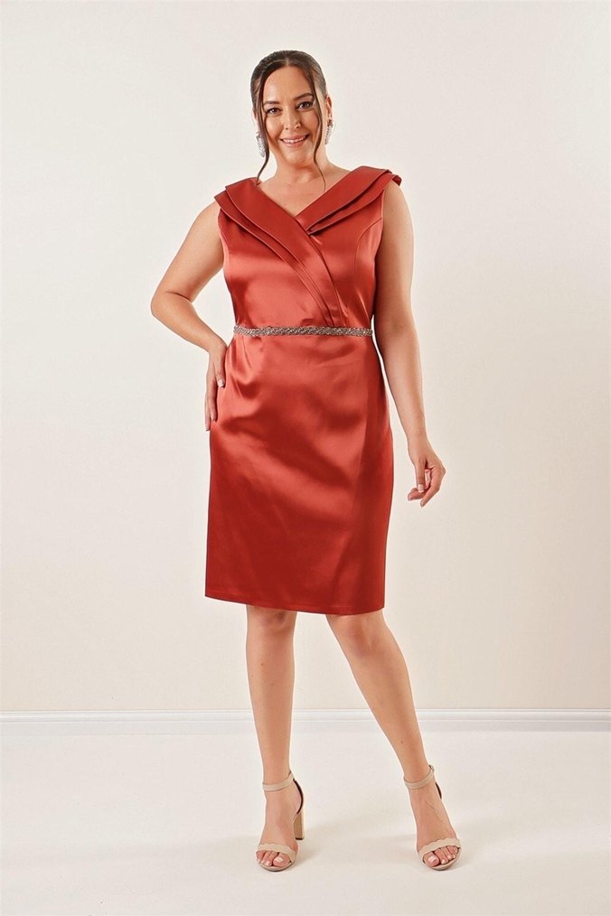 V Yaka Drapeli Kolsuz Midi Abiye Elbise - Görsel 2