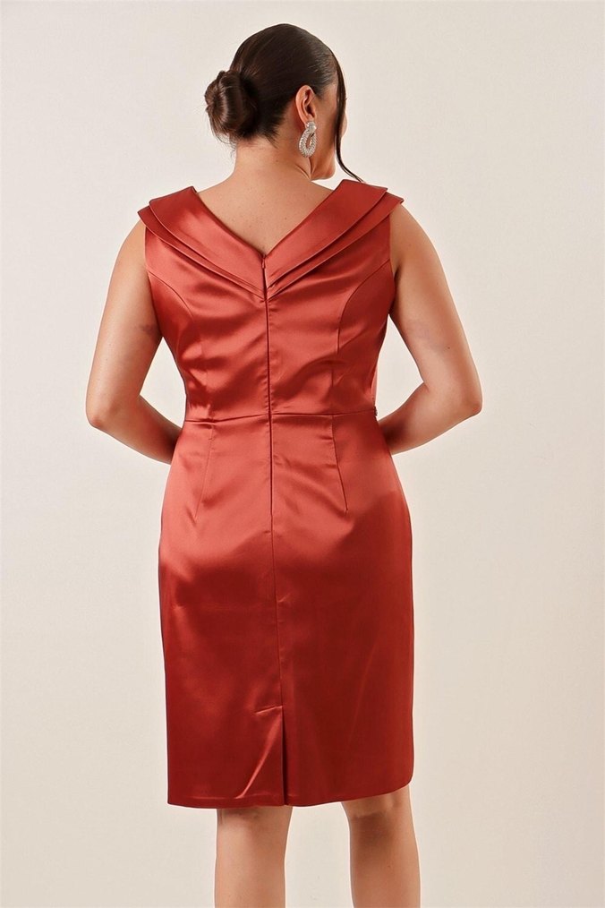 V Yaka Drapeli Kolsuz Midi Abiye Elbise - Görsel 4