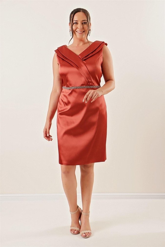 V Yaka Drapeli Kolsuz Midi Abiye Elbise - Görsel 3