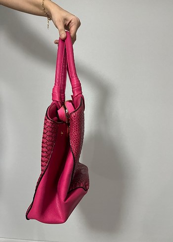 Yılan Desenli Pembe Deri Kadın Çanta - Görsel 3