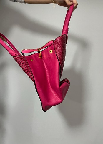 Yılan Desenli Pembe Deri Kadın Çanta - Görsel 2
