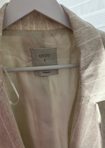 s Beden ten rengi Renk Bej Çizgili Keten Kadın Blazer