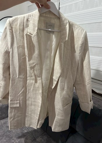 Bej Çizgili Keten Kadın Blazer