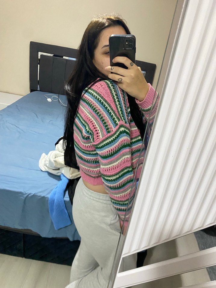 Renkli Çizgili Örgü Kadın Hırka - Görsel 2