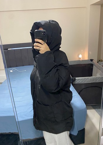 Kadın Siyah Kapüşonlu Oversize Kışlık Mont - Görsel 2