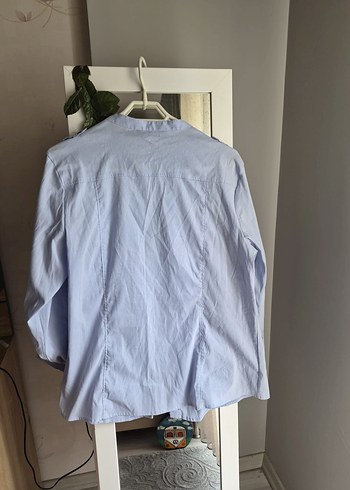 Düğmeli Mavi Keten Kadın Gömlek - Görsel 4