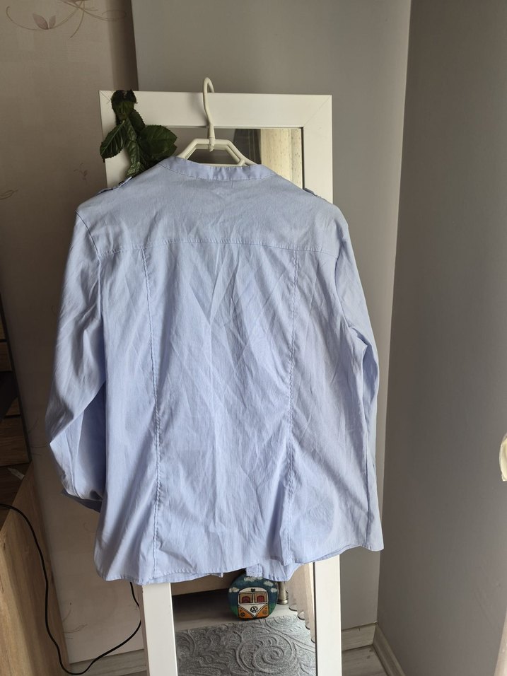 Düğmeli Mavi Keten Kadın Gömlek - Görsel 4