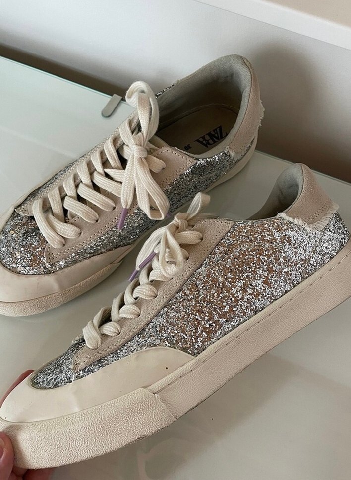 Simli Beyaz Gri Blok Topuklu Spor Ayakkabı - Görsel 3