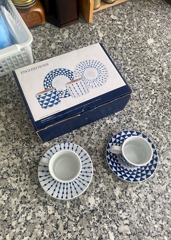 Beden Koyu Mavi Desenli 2'li Kahve Fincanı Seti