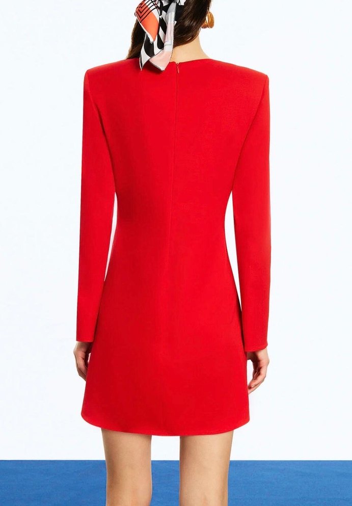 Uzun Kollu Kırmızı Mini Elbise - Görsel 2