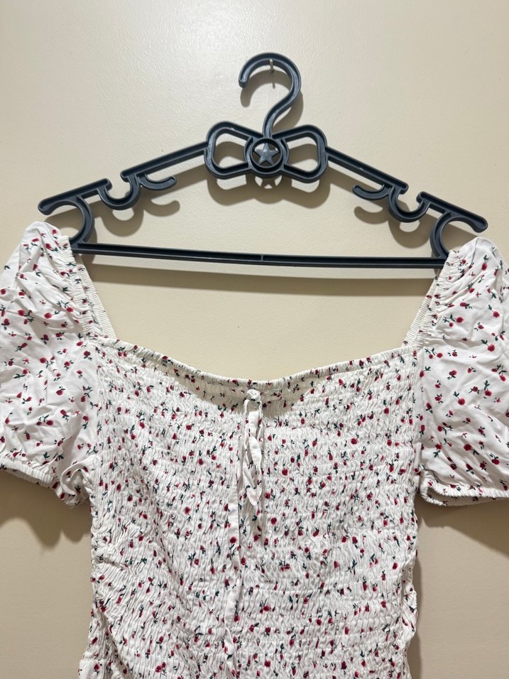 Terranova Küçük Kırmızı Çiçek Desenli Beyaz Elbise - Görsel 4