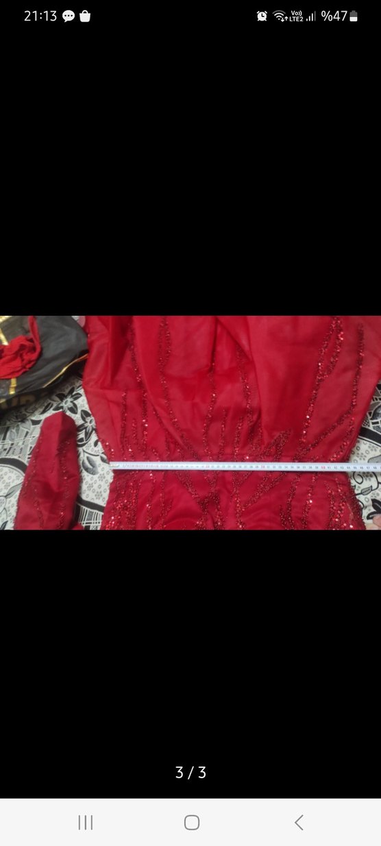 Uzun Kollu Klasik Kırmızı İşlemeli Kadın Abiye - Görsel 3