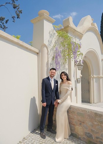 Uzun Kollu Drapeli Şarap rengi  Nişan Elbisesi - Görsel 3