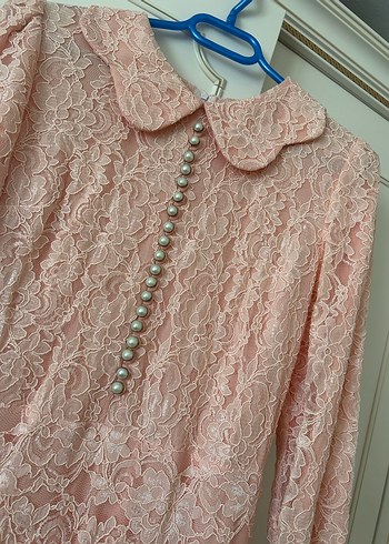 Dantel Detaylı Pembe Vintage Uzun Elbise - Görsel 2