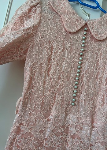 Dantel Detaylı Pembe Vintage Uzun Elbise - Görsel 3