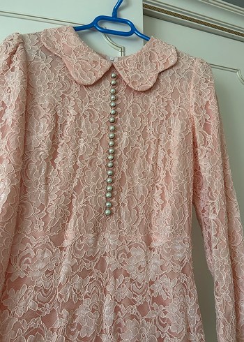 Dantel Detaylı Pembe Vintage Uzun Elbise - Görsel 5