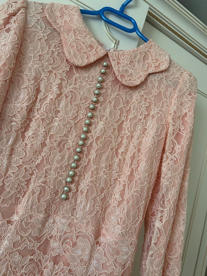 Dantel Detaylı Pembe Vintage Uzun Elbise - Görsel 2