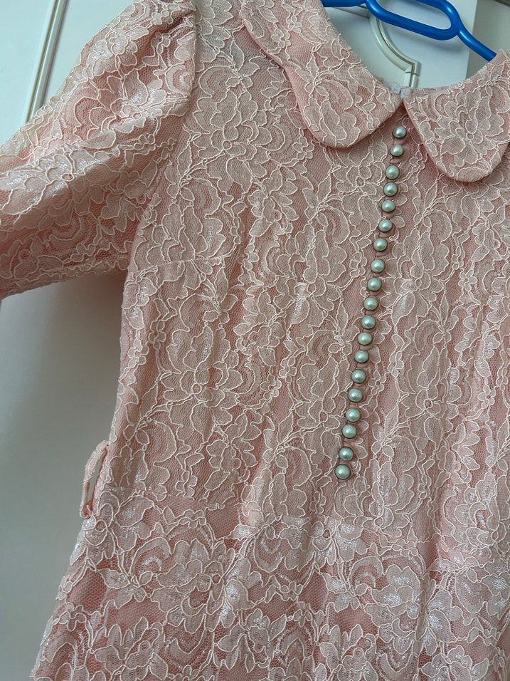 Dantel Detaylı Pembe Vintage Uzun Elbise - Görsel 3