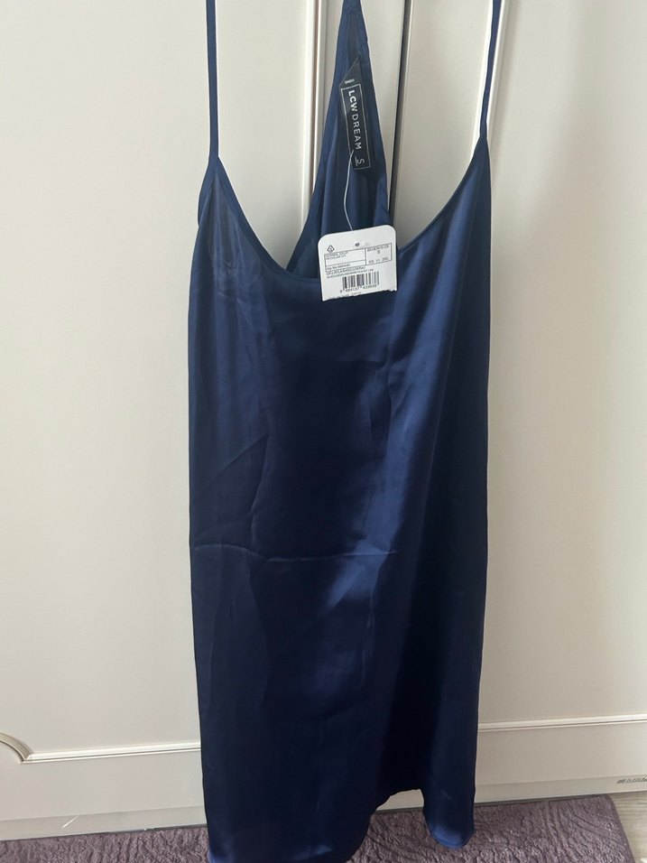 Parlak Lacivert Saten Halter Yaka Kadın gecelik - Görsel 5