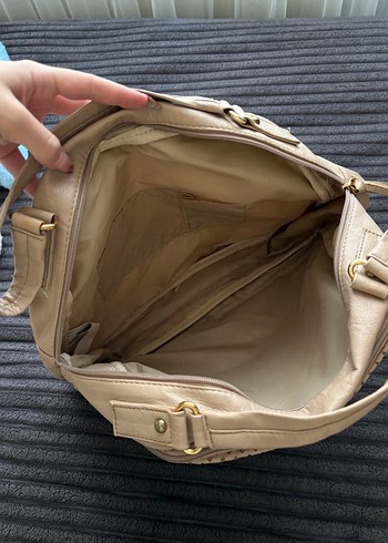 Bej Deri Kadın Çanta, Fermuarlı, Desenli - Görsel 2