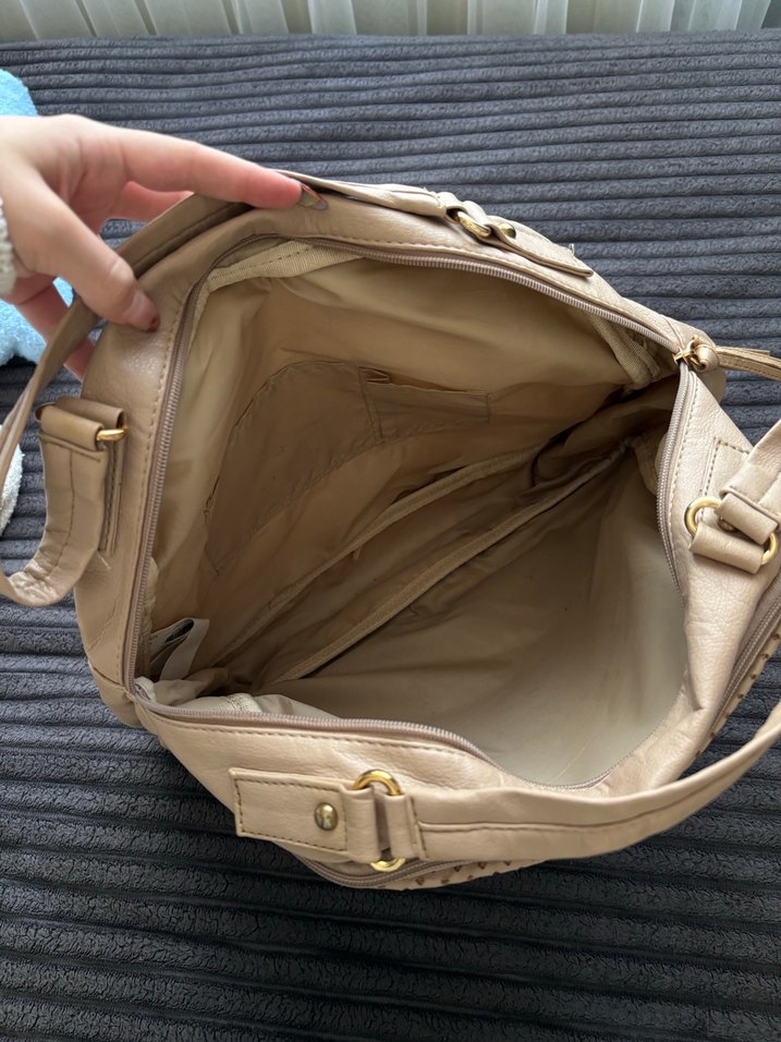 Bej Deri Kadın Çanta, Fermuarlı, Desenli - Görsel 2