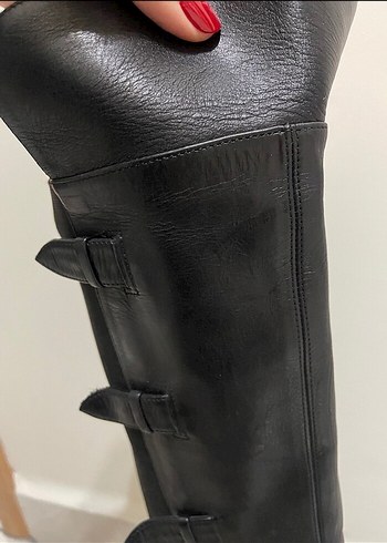 37 Beden Deri Siyah Dizüstü Tokalı Stiletto Çizme