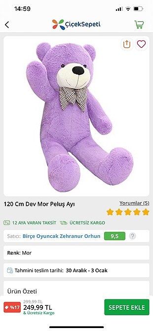 Peluş ayı mor 120 cm