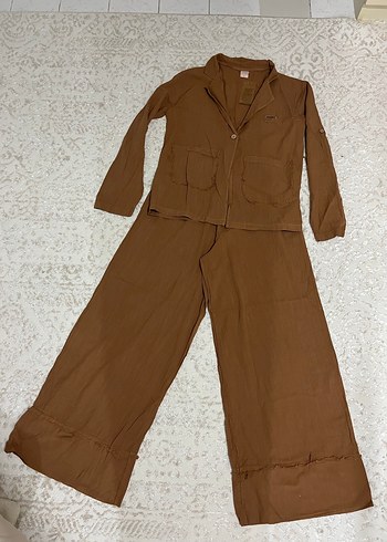 xl Beden Düğmeli Kahverengi Keten Kadın Tulum