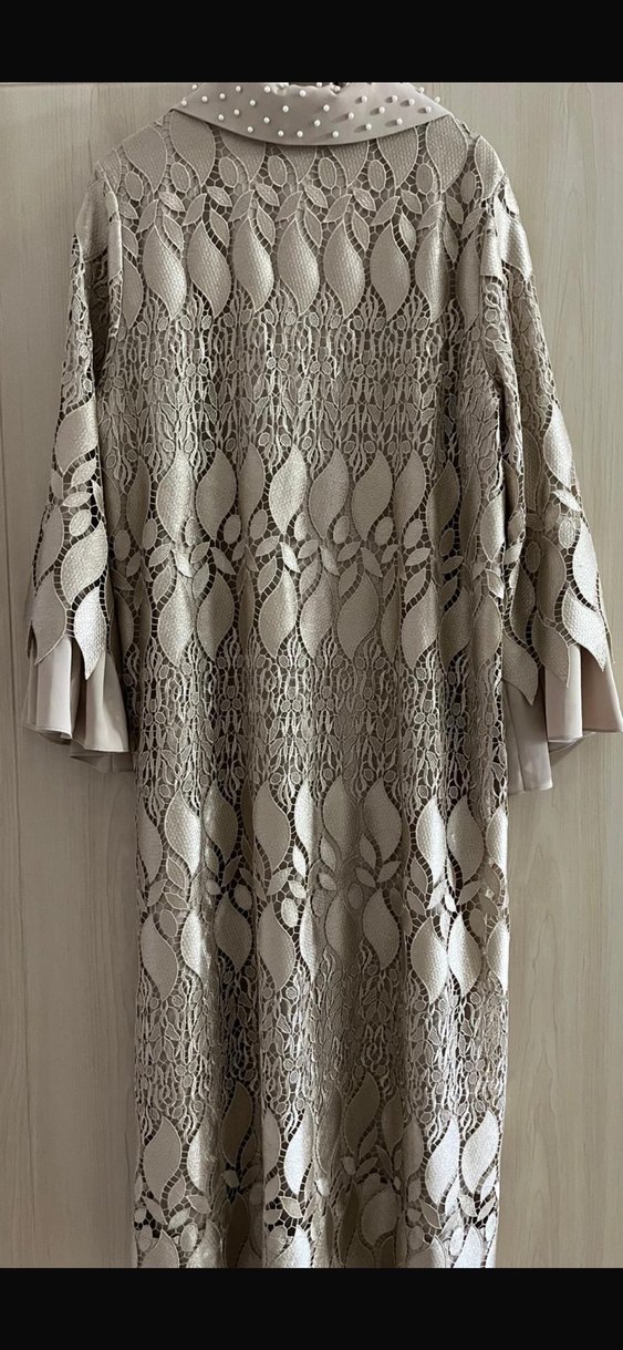 Nakışlı Modern Klasik Bej Uzun Kadın Elbise - Görsel 2