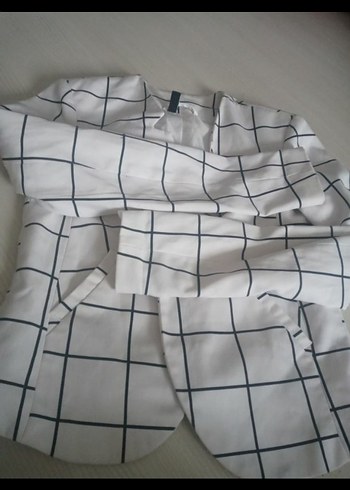 Beyaz Ekose Desenli Kadın Blazer Ceket - Görsel 4