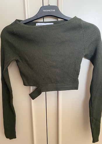 Kadın haki crop Triko Kazak - Görsel 3