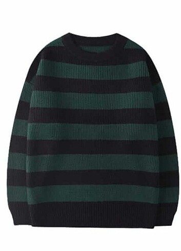 Yeşil Siyah Çizgili Streetwear Oversize Kazak-Standart-Yeşil-Siy