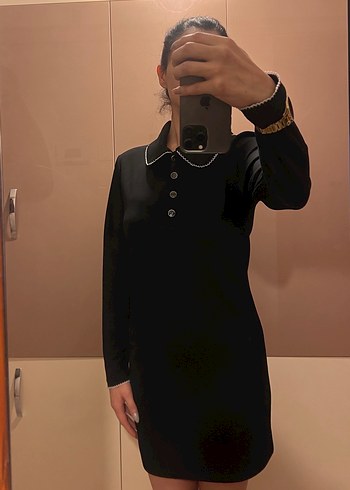 Düğmeli Siyah Süet Midi Ofis Elbisesi - Görsel 2