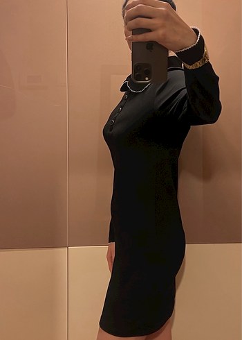 Düğmeli Siyah Süet Midi Ofis Elbisesi - Görsel 3