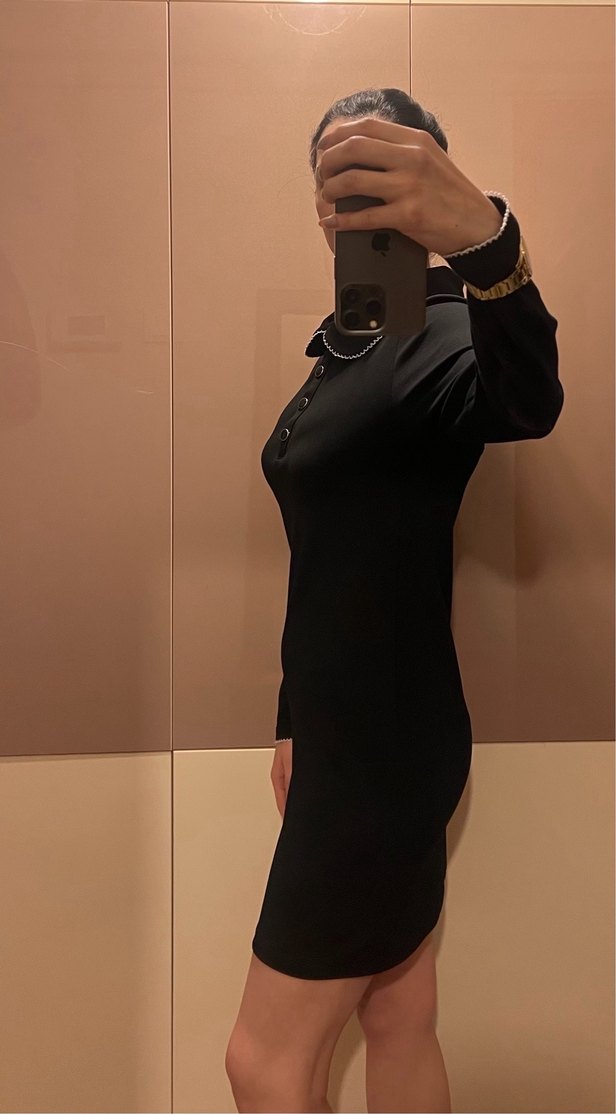 Düğmeli Siyah Süet Midi Ofis Elbisesi - Görsel 3