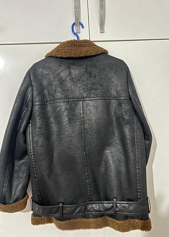 s Beden Kahverengi Kürklü Deri Biker Ceket