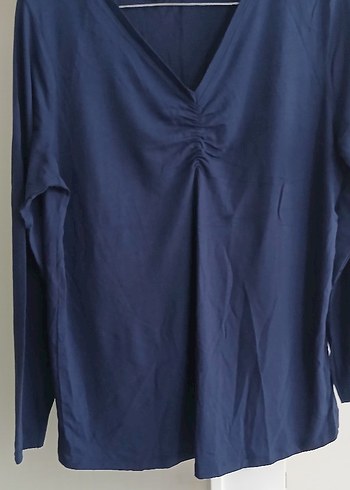 Lacivert V Yakalı Uzun Kollu Keten Bluz boy 67 en 57 sıfır - Görsel 2