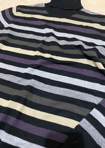 Çizgili Boğazlı Yün Kazak - Görsel 2