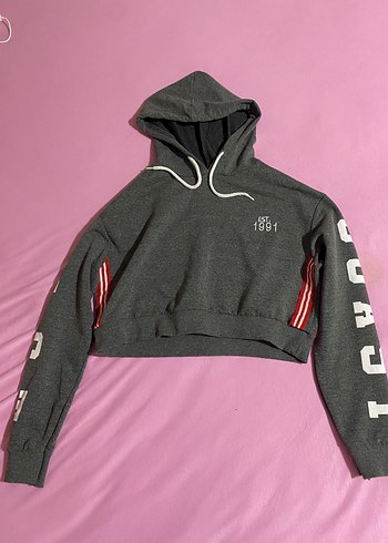 Gri Kapüşonlu Baskılı Kadın Sweatshirt
