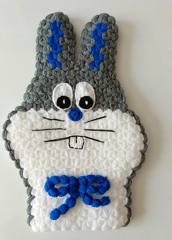 Gri Tavşan Figürlü kese şeklinde el örgüsü çoçuk lifi - Görsel 2