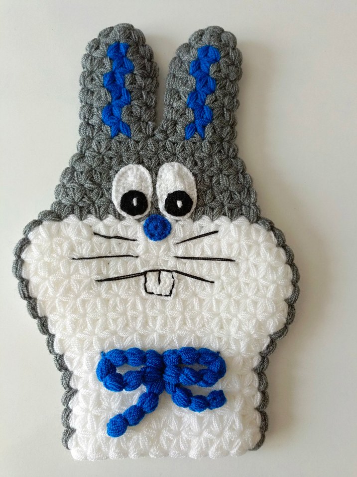 Gri Tavşan Figürlü kese şeklinde el örgüsü çoçuk lifi - Görsel 2