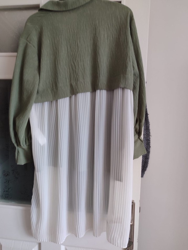 Aker Kadın Haki Uzun Kollu Pilili Keten Gömlek - Görsel 5