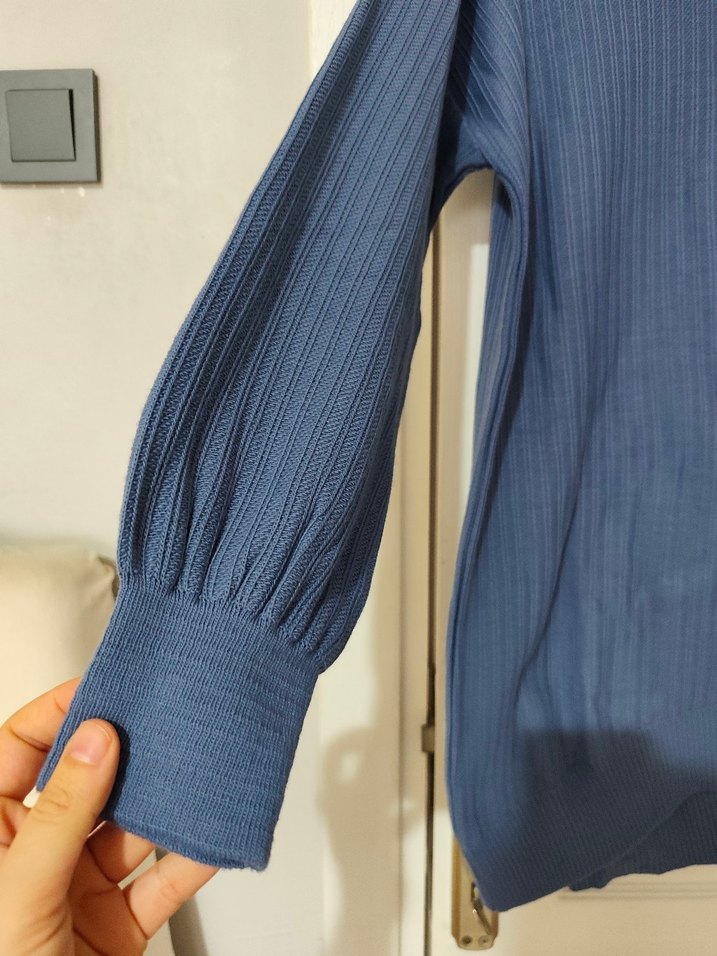 Kadın Mavi Uzun Triko Kazak - Görsel 3