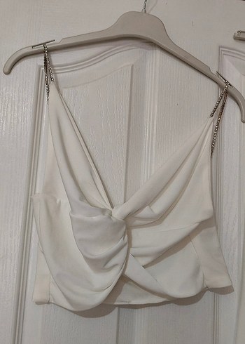 Taş askılı crop top ve büzgü detay astarlı etek takım - Görsel 4