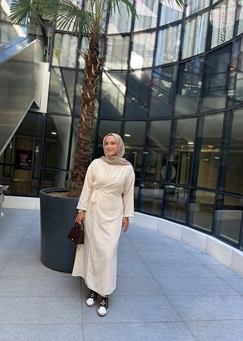 Krem kimono elbise keten kumaş