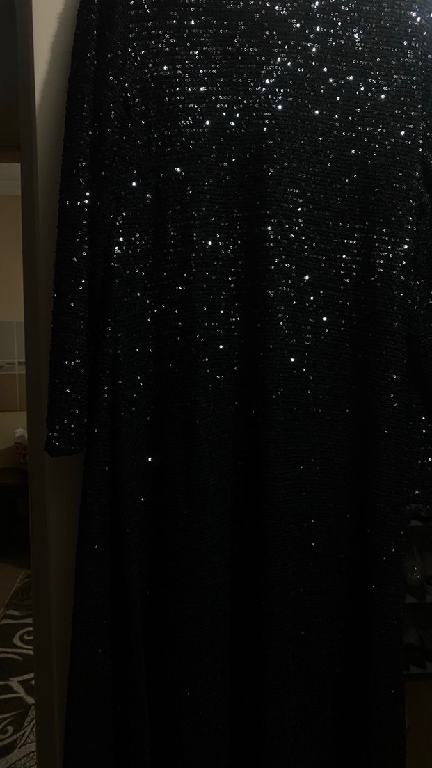 Siyah Simli Uzun Kollu Uzun Abiye Elbise - Görsel 3